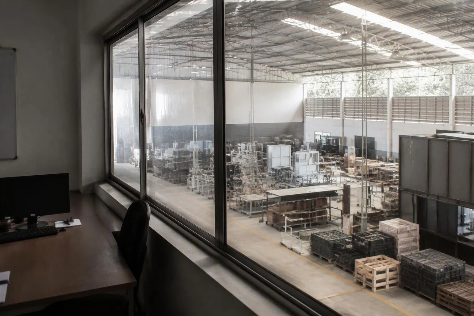 Janela do escritório com vista para o galpão de montagem
