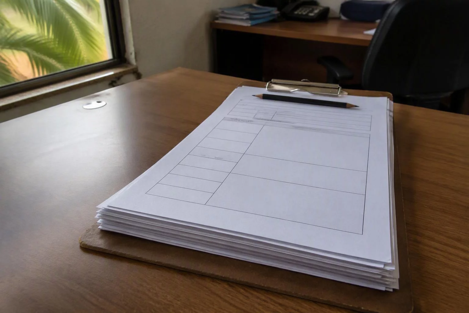 Ordens de produção presas em uma prancheta sobre a mesa do escritório