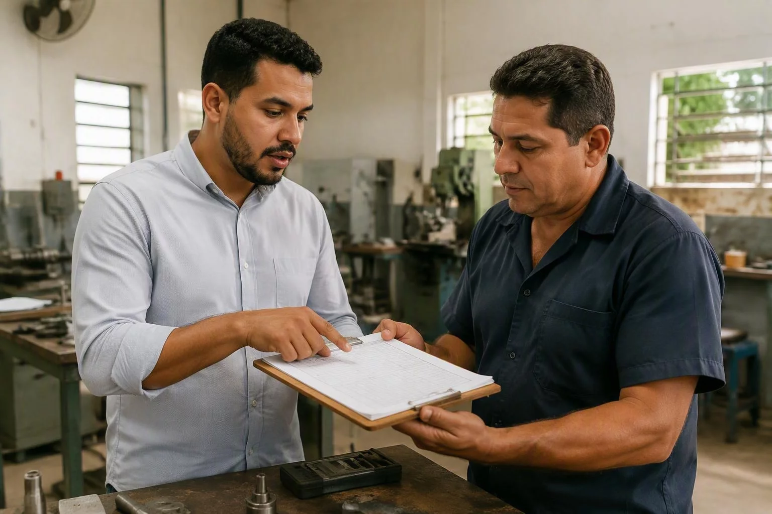 Consultor e encarregado conferindo a ordem de produção junto à bancada